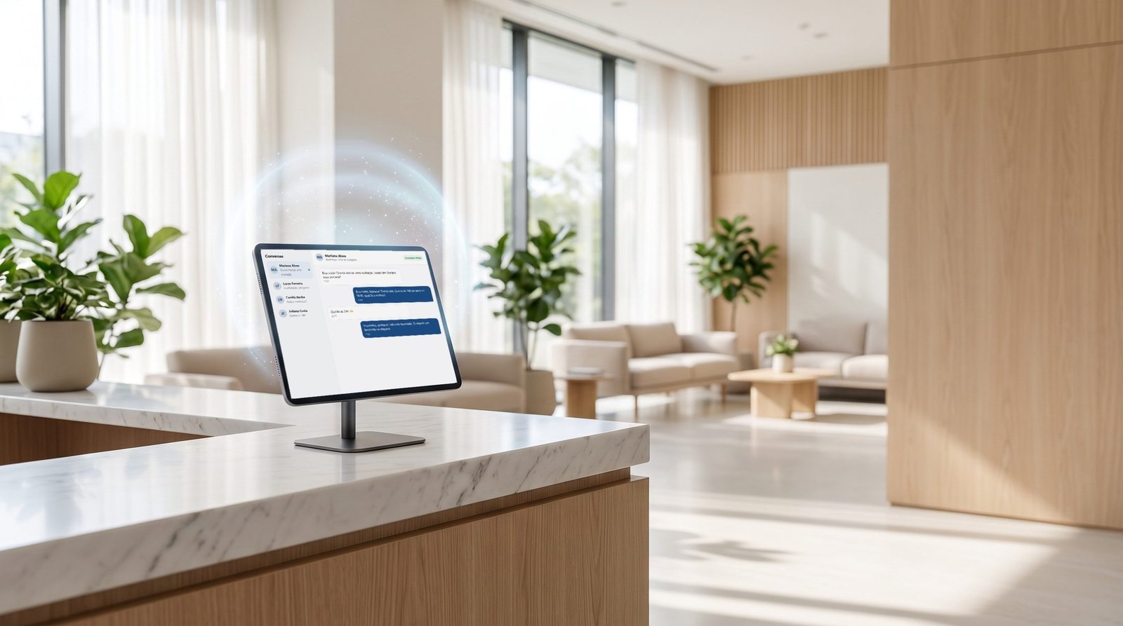 Recepção do consultório com a secretária virtual