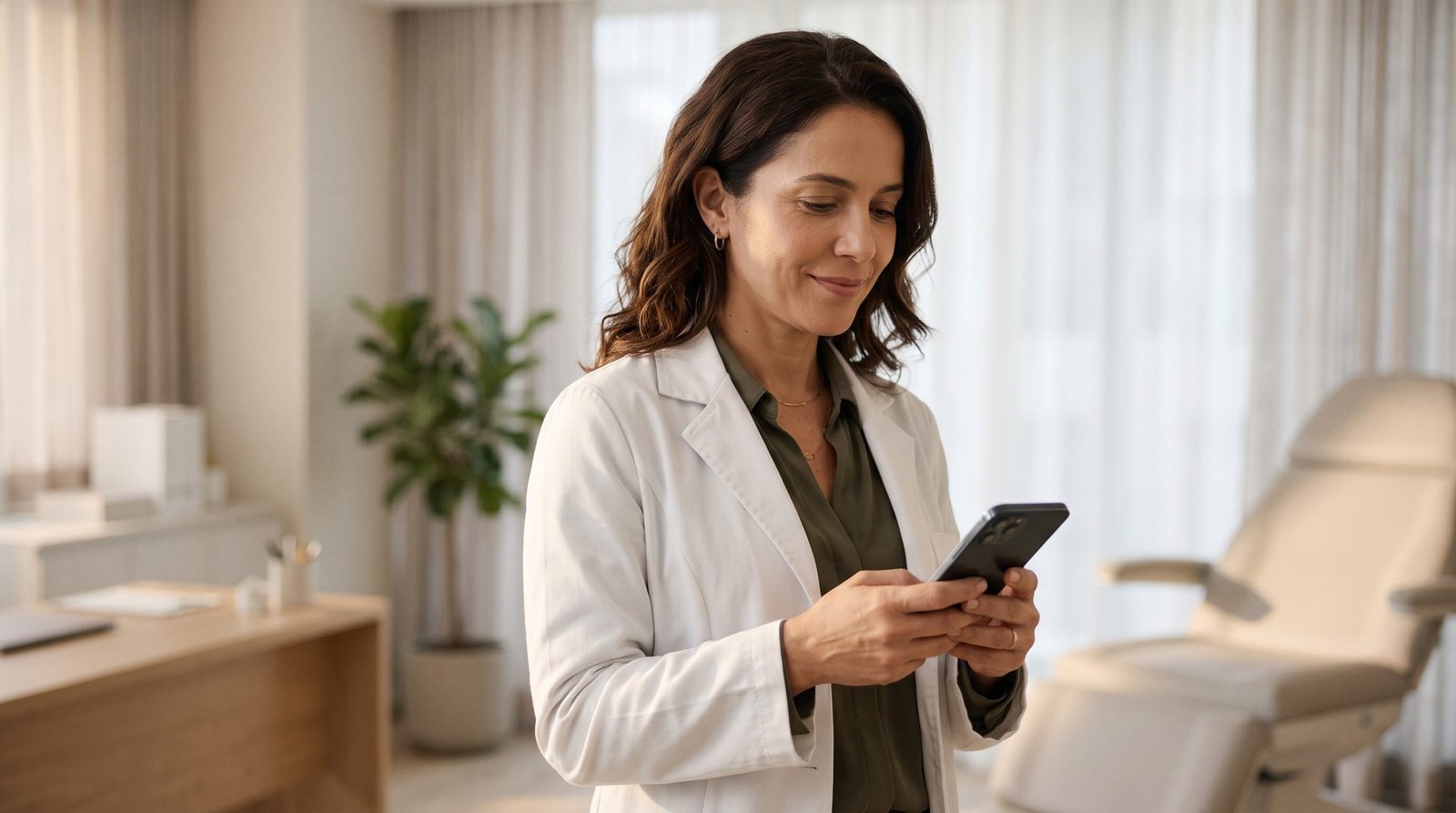 Médica no consultório olhando o celular